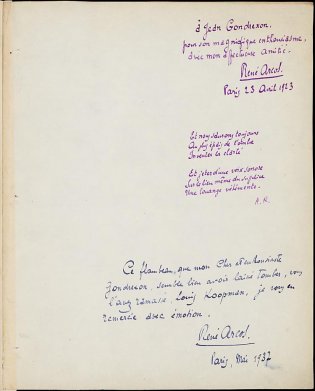 Opdracht in handschrift van René Arcos aan Jean Gondrexon. Daaronder opdracht aan Louis Koopman. Handschrift van René Arcos, 'Ce qui nait' (77 G 1) 