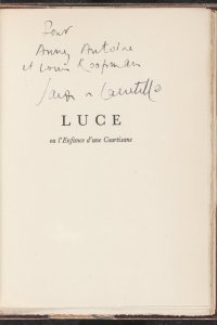 Luce ou L’enfance d’une courtisane, page de titre avec un envoi autographe de Jacques de Lacretelle à Anny Antoine et Louis Koopman