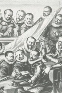 De tweede persoon van rechts in de onderste rij is Adriaen Cornelisz, de vader van Bredero 