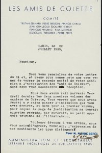 Brief van Comité Les Amis de Colette 
