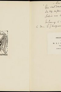 Boekbindersetiket van René Kieffer, ex-libris van Louis Koopman en opdracht in handschrift van Luc Durtain aan Louis Koopman 