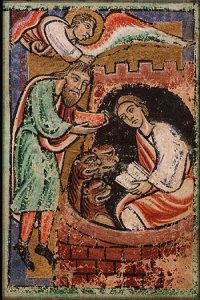 Habakuk brengt, gedragen door een engel, voedsel naar Daniël in diens leeuwenkuil