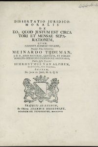 Titelpagina van 'Dissertatio juridico-moralis de eo, quod justum est circa tori et mensae separationem'