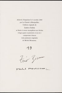 Lisière d'infini, colofon gesigneerd door Zéno Bianu en Michel Mousseau 