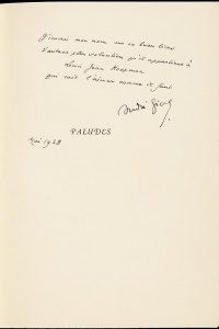 Franse titelpagina met opdracht in handschrift van André Gide aan Louis Koopman 
