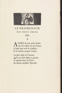 Le promenoir des deux amans, page 9 avec un bois gravé de Siméon, (édition: Paris, Haumont, 1945)