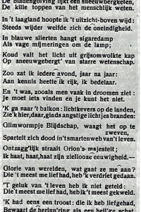 Het eerste gepubliceerde gedicht van J.A. dèr Mouw in De Amsterdammer, 22 juni 1918: ''T is laat al in de nacht'