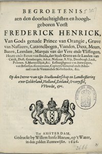 Titelpagina van 'Begroetenis aen den doorluchtighsten en hooghgeboren vorst Frederick Henrick'