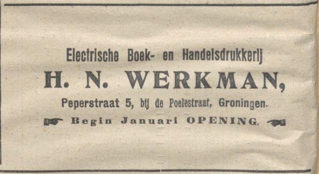 Advertentie voor de opening van drukkerij H.N. Werkman in Nieuwsblad van het Noorden, 1 januari 1908