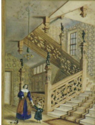 Caroline van de Linde-Monteuuis en haar oudste zoontje Gerard bij de trap in het Cromwell House, Highgate