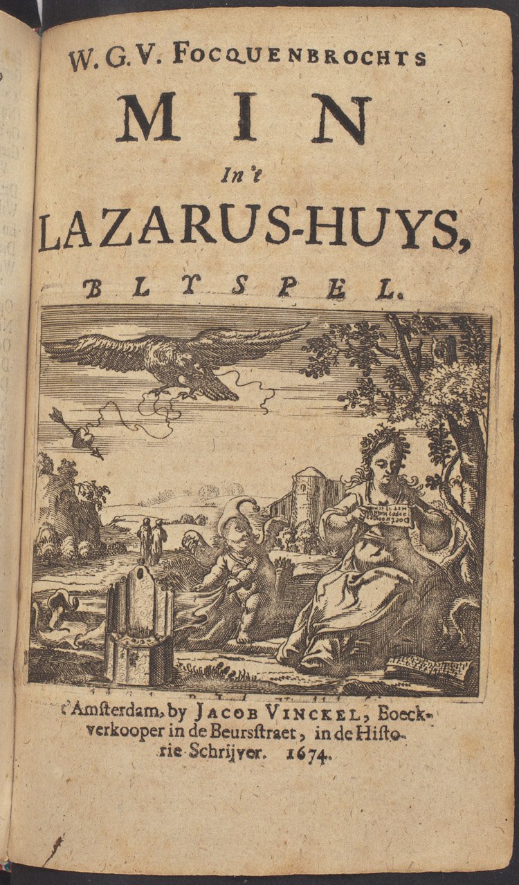 Titelpagina van het blijspel 'De min in 't Lazarus-huys'