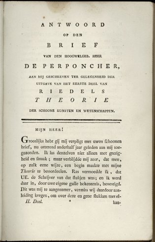 'Antwoord op den Brief van den Hoogwelgeb. heer De Perponcher' uit het tweede deel van Theorie der schoone kunsten en wetenschappen (1780)