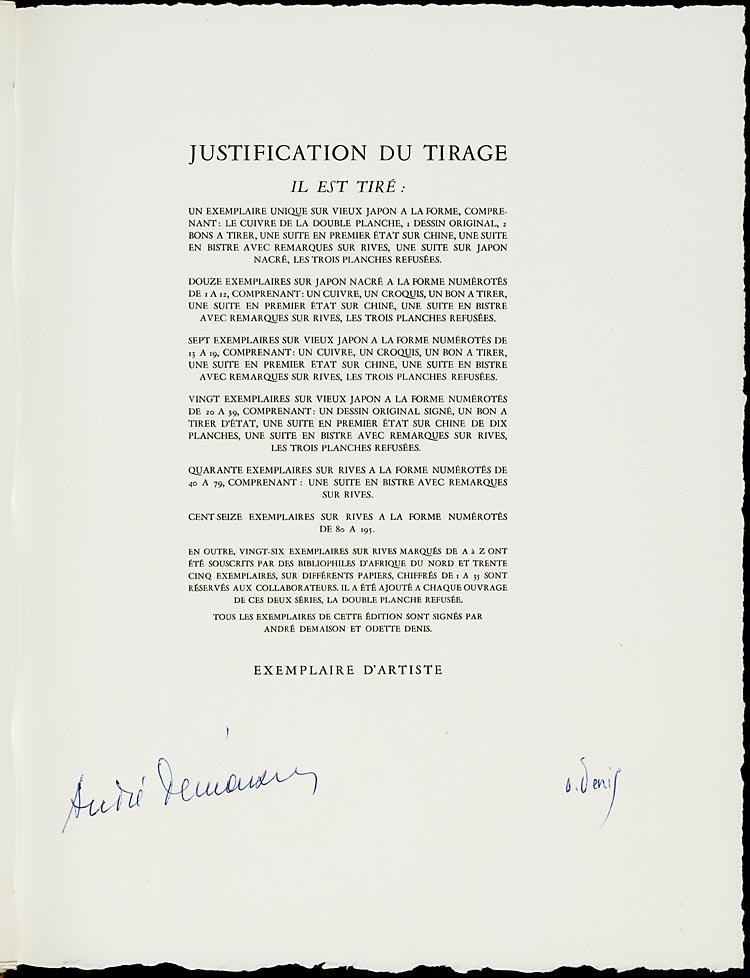 Colophon, signed by André Demaison and Odette Denis 