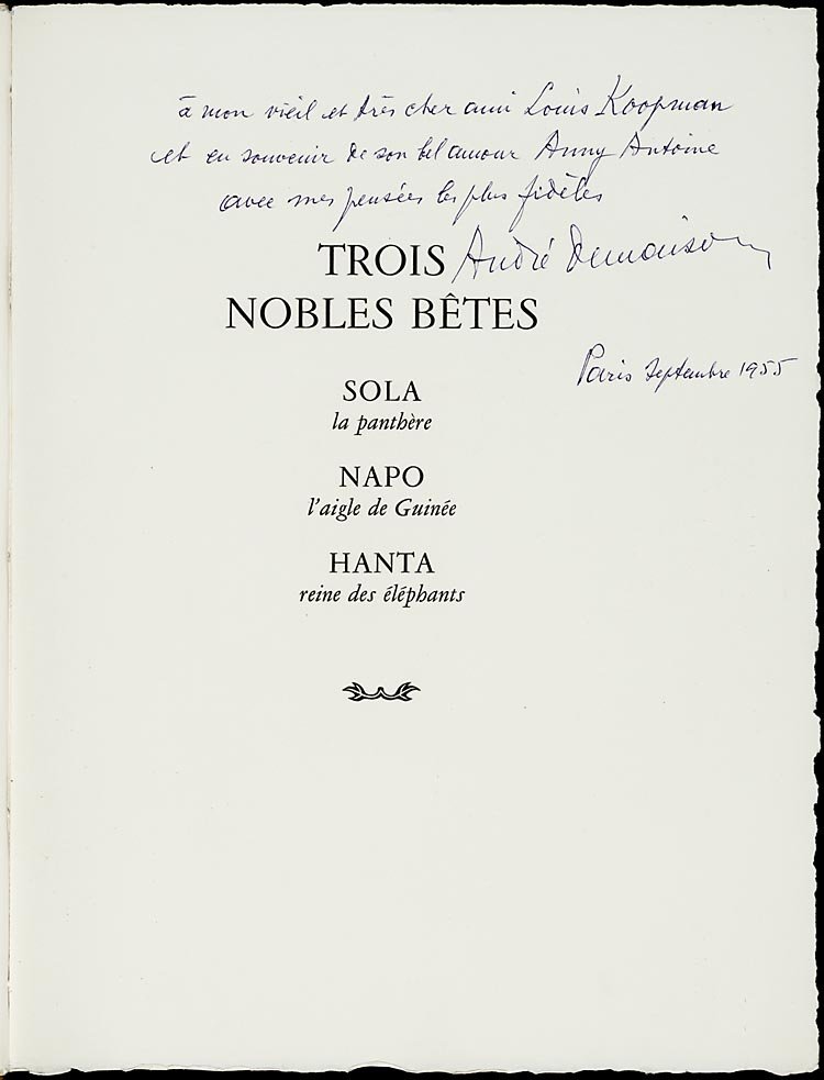 Title page with handwritten dedication from André Demaison to Louis Koopman 